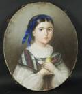 Oval Format Pastel of a Little Girl with Her Bird