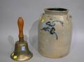 Wells Crafts Whately Mass Cobalt Floral Decorated Stoneware Jar and a Brass School Bell