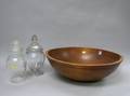 Two Colorless Glass Apothecary Jars and a Large Turned Wooden Bowl