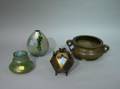 Two Asian Bronze Incense Burners and Two European Art Glass Vases