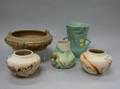 Roseville Pottery Low Bowl Vase and Three Nemadji Pottery Vases