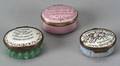 Three TransferPrinted Motto Enameled Copper Snuff or Patch Boxes