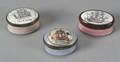 Three Enameled Copper Ship Motif Oval Snuff Boxes