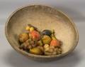Large Turned Wooden Bowl with Carved and Painted Stone Fruit