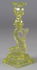 GreenishYellow Pressed Glass Dolphin Candlestick