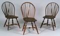Assembled Set of Three Dark Stained Braced Bowback Windsor Side Chairs