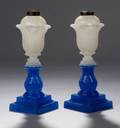 Pair of Clambroth and Translucent Blue Pressed Glass Acanthus Leaf Pattern Fluid Lam