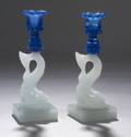 Pair of Translucent Blue and Clamshell Pressed Glass Dolphin Candlesticks