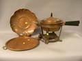 Joseph Heinrichs Brass Mounted Copper Chafing Dish on Stand Vermont Copper Crafters Bowl and a Copper Serving Tray