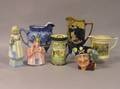 Four Royal Doulton Transfer Decorated Ceramic Jugs Two Figures and a Character Jug