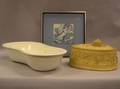Framed Wedgwood Blue and White Moth Transfer Tile Caneware Game Pie Dish and a Queens Ware Bidet