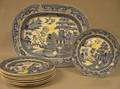 Set of Eight Wedgwood Blue Willow Pattern Staffordshire Plates and a W C  Co Blue Willow Pattern Staffordshire Platter