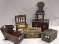 Childs Toy Wooden Cradle Rocker Chair and Cabinet and a Paint Decorated Wooden Box and Candle Box