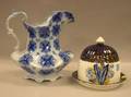 English Flow Blue Syriah Pattern Transfer Decorated Pitcher and a Staffordshire Cheese Dome and Undertray