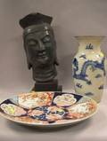 Chinese Blue and White Decorated Ceramic Vase Imari Porcelain Charger and a Patinated Copperclad Bust