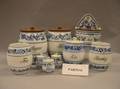 EighteenPiece German Blue and White Decorated Porcelain Kitchen Canister Set with Salt Wall Box