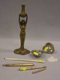 Art Nouveau Gilt Bronze Figural Taperstick Three Goldfilled Pens Inuit Paper Knife Pair of Sterling Heartshaped Salts and a Flora