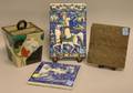 Persian Faience Plaque a Chinese Pottery Square Vase and Blue and White Plaque and a Carved Wood Plaque of an Angel