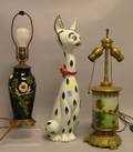 Two Late Victorian Decorated Table Lamps and an Italian Ceramic Cat