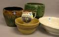 Three Glazed Art Pottery Jardinieres a Yellowware Mixing Bowl a Ceramic Basin and a Liverpoolstyle Jug