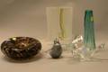 Three Scandinavian and Modern Colored and Colorless Art Glass Vases a Bowl and a Figure