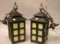 Pair of Arts  Crafts Black Painted Brass and Slag Glass Hanging Lanterns