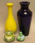 Two Chinese Peking Blue and Yellow Glass Vases and Two Cameo Cut Bottles