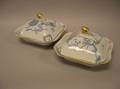 Pair of English Aesthetic Gilt Blue and White Transfer Decorated Porcelain Covered Vegetable Dishes