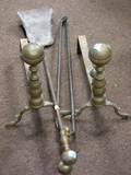Pair of Brass Belted Balltop Andirons and a Pair of Fireplace Tongs and a Shovel
