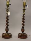 Pair of English Carved Wood Barleytwist Candlestick Table Lamp Bases