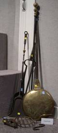 Iron and Wire Fireplace Fender a Brass and Iron Warming Pan and an Assortment of Iron Hearth Tools