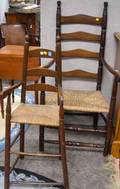 Brown Painted Ladderback Highchair and a Maple and Ash Ladderback Armchair