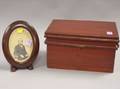 Red Painted Wooden Lidded Box and a Small Oval Mahogany Framed Portrait Photograph