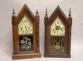 Two New Haven Clock Co Mahogany Veneer and ReversePainted Glass Steeple Shelf Clocks