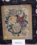 Papiermache Framed Floral Study Tinsel Picture and a Victorian Needlework Motto Panel