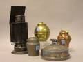 Jordan Marsh Painted Tin Lantern a Silver Plated Covered Butter Dish and Three Metal Tea Caddies