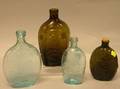 Keene EagleMasonic Olive Glass Flask a CornucopiaFloral Urn Olive Glass Flask and Two Aqua Glass Flasks