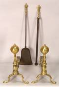 Pair of Brass and Iron Balltop Andirons with Two Fireplace Tools