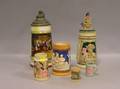 German Handpainted Ball auf der Alm Porcelain Lithophane Stein and Five Stoneware Steins