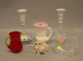 Pair of Pairpoint Enamel Floral Decorated Glass Candlesticks a Colorless Pressed Glass Deming Plate a Peachblow Glass Pitcher and Pi