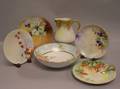 Four Handpainted Berries and Fruit Decorated Porcelain Plates a Bowl and a Pitcher