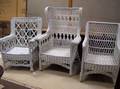 Three White Painted Woven Wicker Porch Chairs