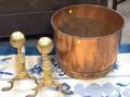 Large Wrought Copper Bucket and a Pair of Brass Belted Balltop Andirons