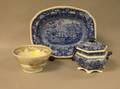 Ridgways Blue and White Asiatic Palaces Pattern Transfer Decorated Staffordshire Open Servin Bowl and Hexagonal Covered Sauce Tureen