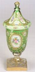 Bohemian White and Green Flashed Enamel Decorated and Cut Glass Sweetmeat Jar