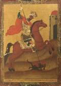 Middle Eastern Painted Wood Icon of Warrior Saint