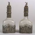 Pair of Continental Etched Glass and Silver Overlay Decanters
