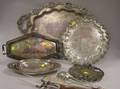 Five Silver Plated Serving Trays a Trivet and Five Flatware Serving Items