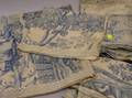 Lot of English Blue Printed Country Village Pattern Linen Fragments