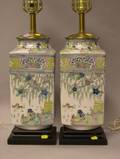 Pair of Chinese Polychrome Decorated Porcelain Table Lamps